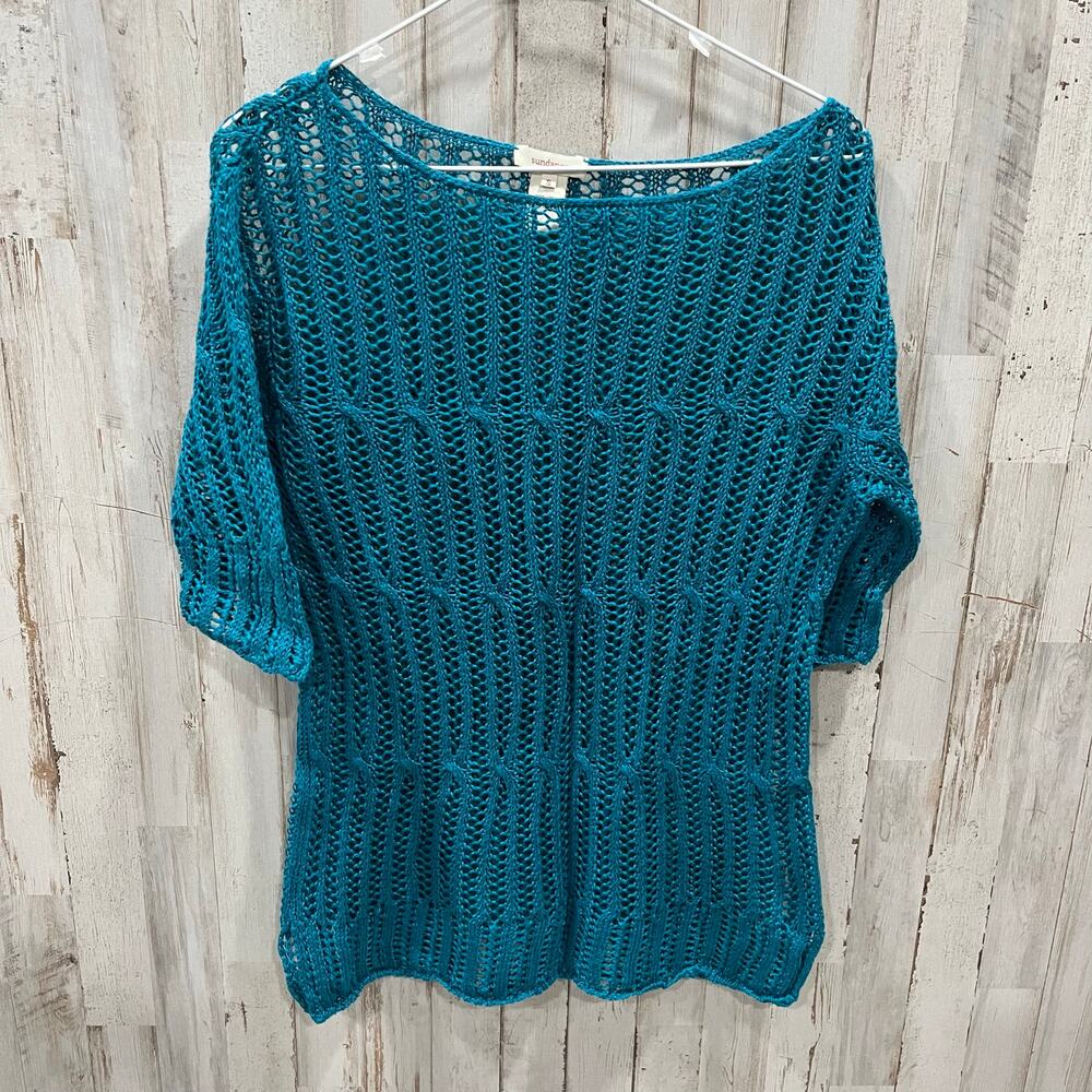 Sundance Sea Breeze Teal 100% Linen
Open Knit Sweater Crochet Short Sleeve Small